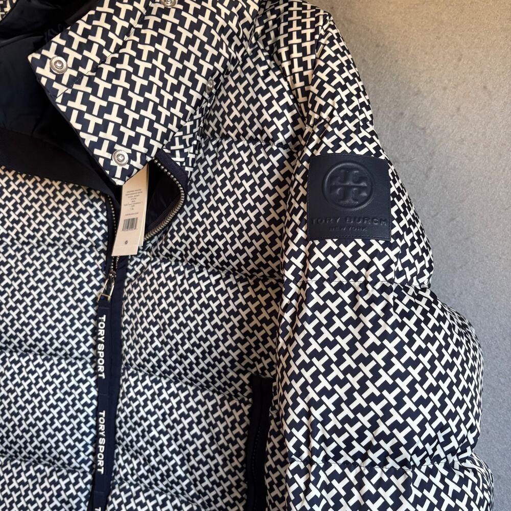 Tory Burch Sport XL Cropped Performance Satin Diagonal T Down Puffer Jacket NWT - Picture 4 of 11